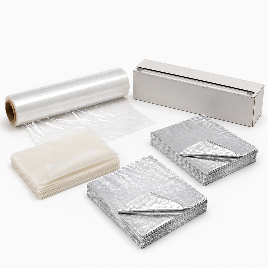 Foodservice film, foil sheets, and wax paper