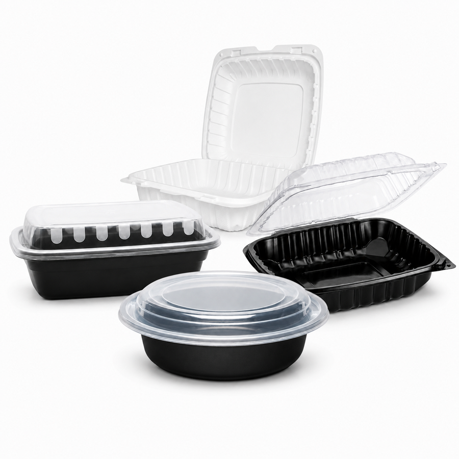 Black, clear, and hinged plastic takeout containers