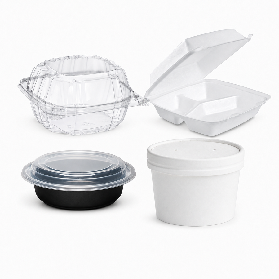 Clear hinged, foam, plastic, and soup containers