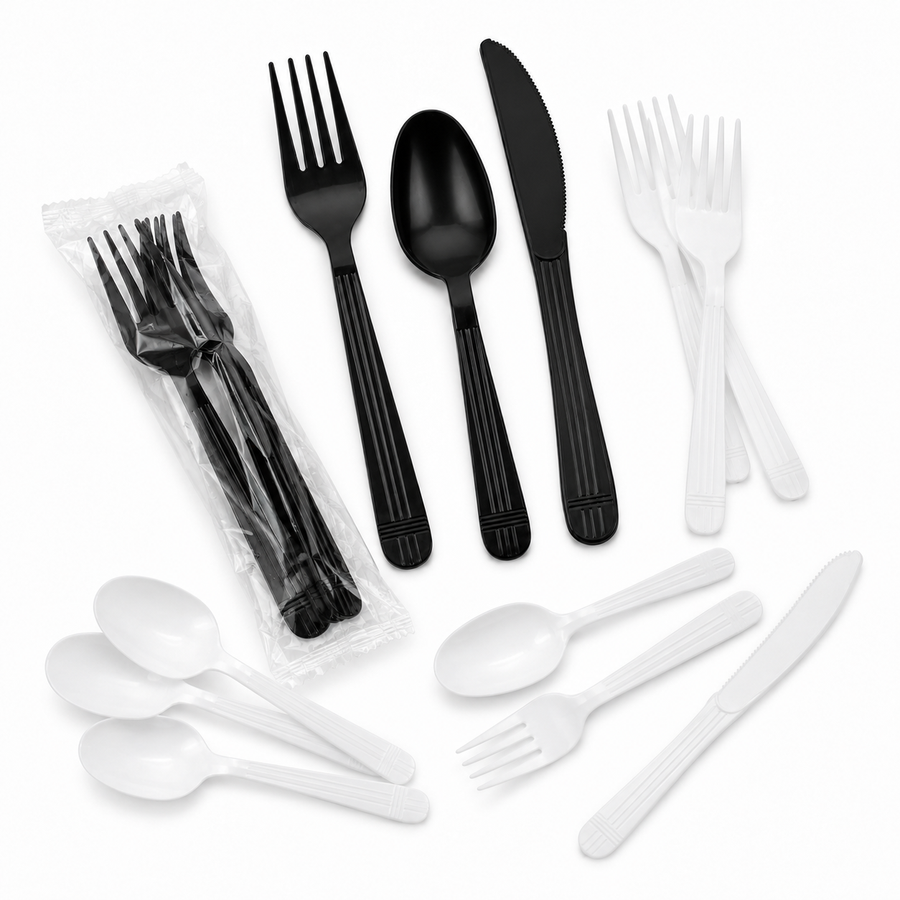 Black and white disposable forks, knives, spoons, and cutlery kits