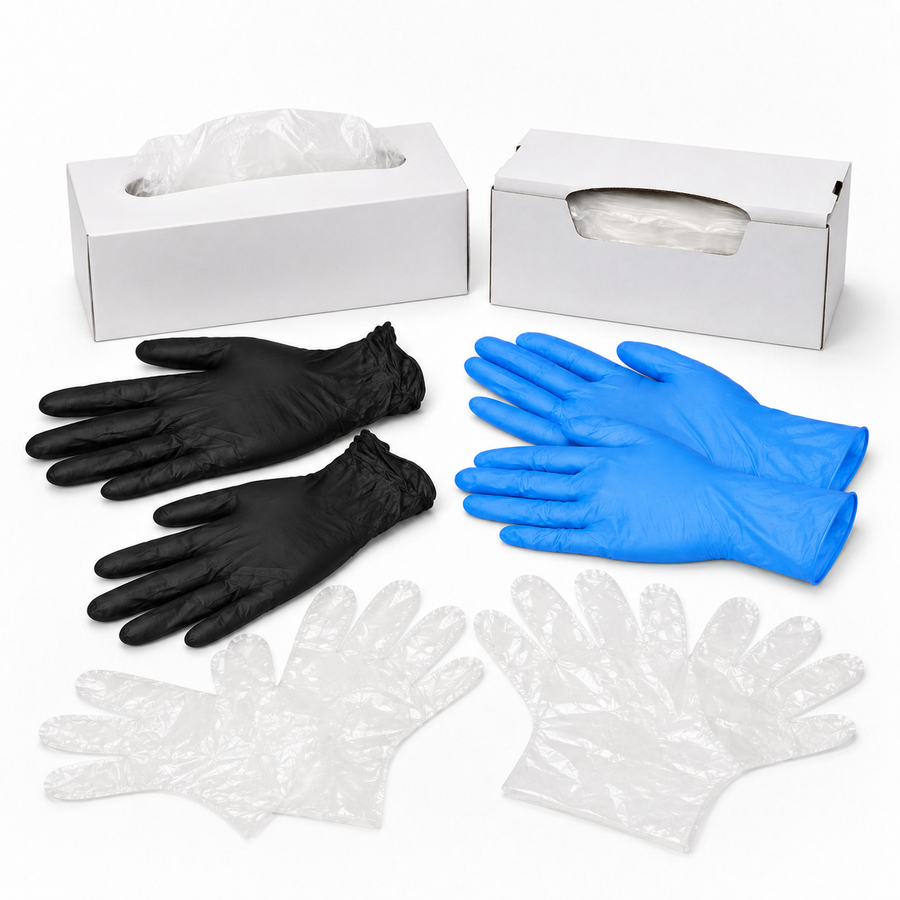 Black, blue, and clear disposable gloves