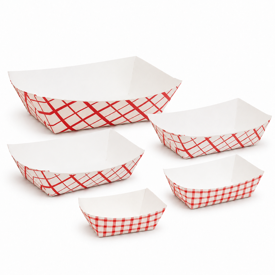 Red checkered paper food trays and boats