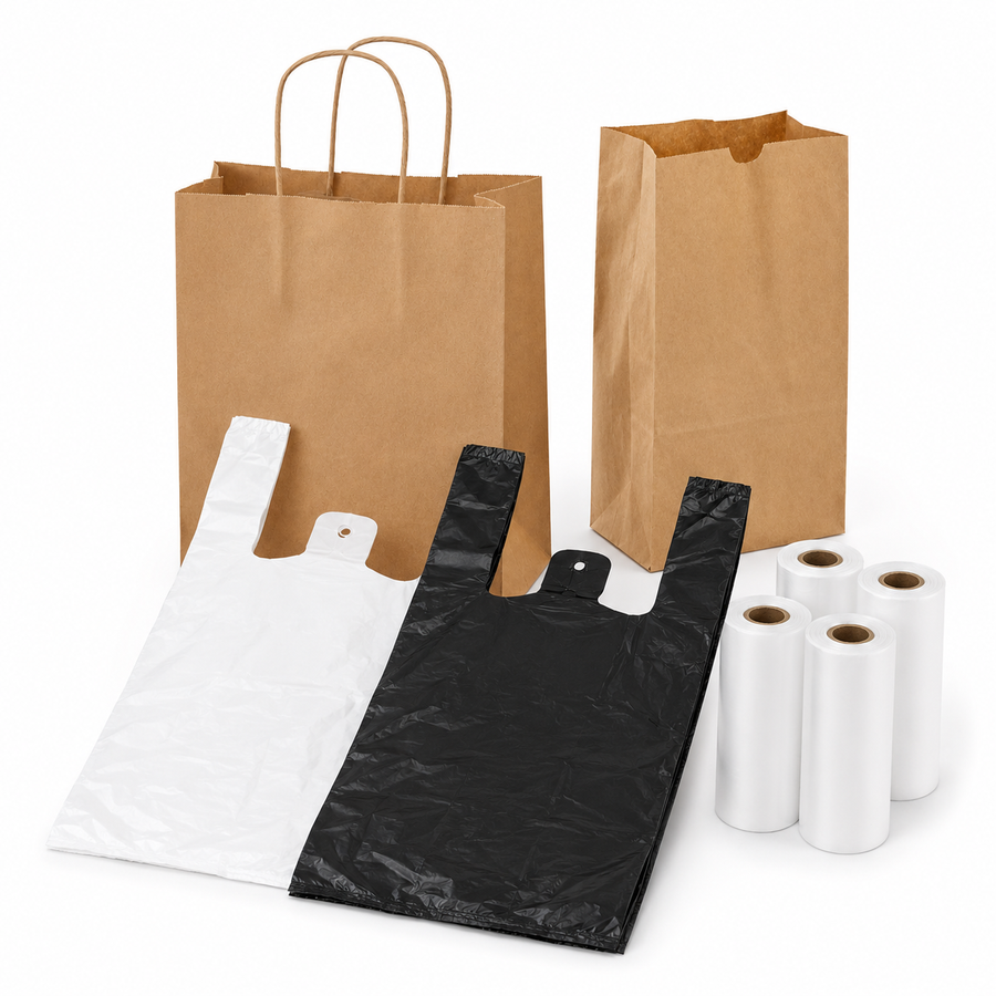 Paper and plastic carry-out bags and bag rolls