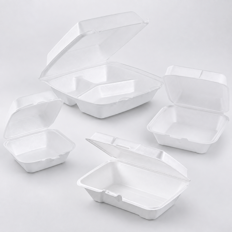 Foam hinged takeout containers