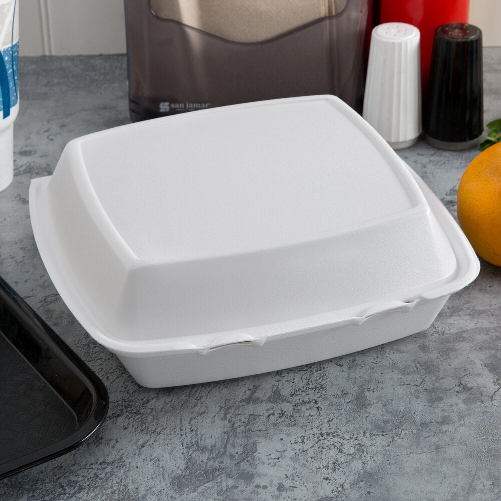 White Foam 1-Compartment Hinged Containers with Removable Lids