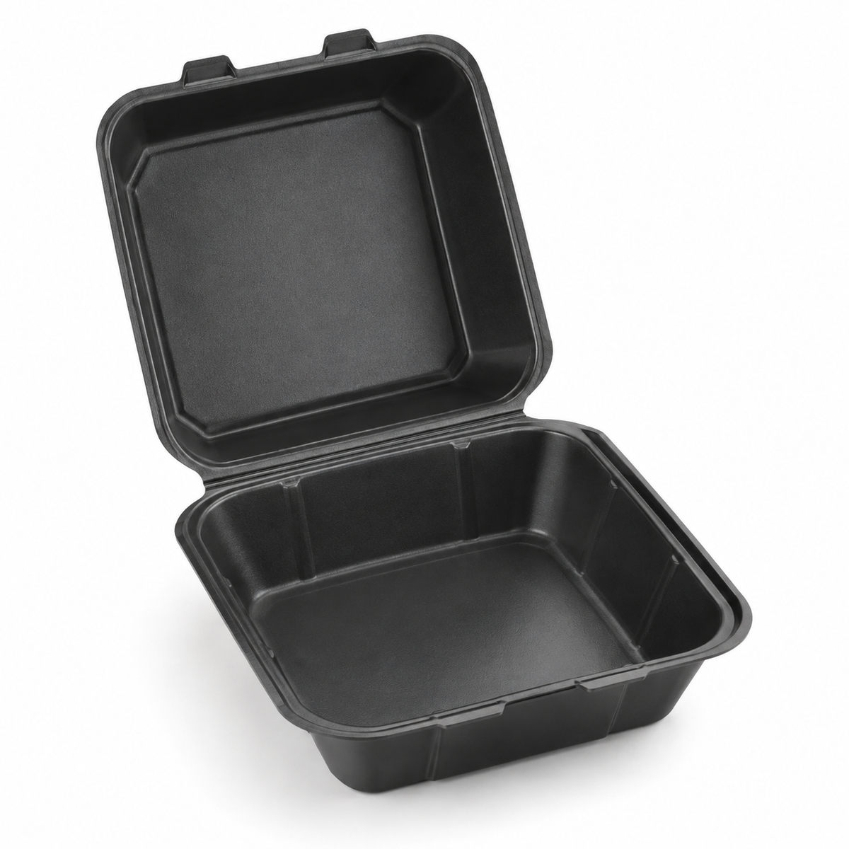 Generic representative image: Black MFPP Hinged Takeout Containers – 6 × 6 × 3 in – 250 or 300/Case
