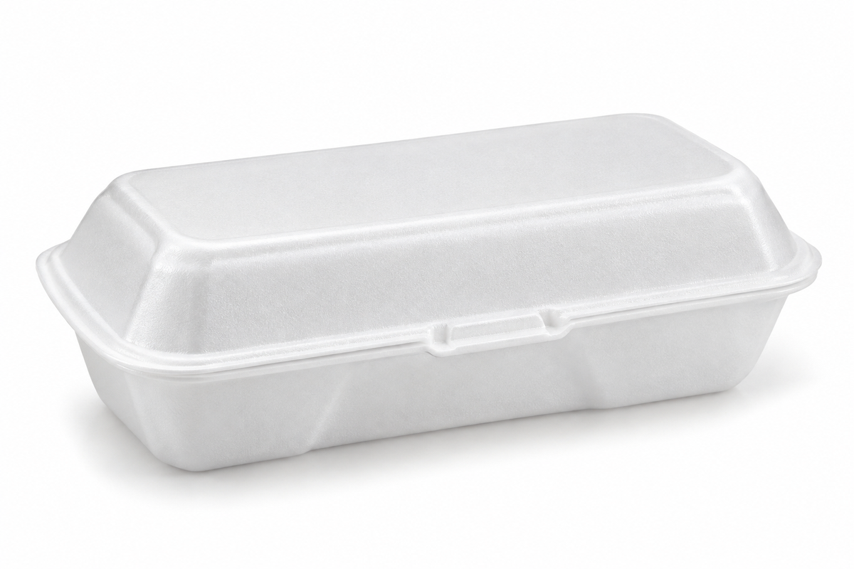 Generic representative image: White Foam Hinged Hot Dog Containers – 7.38 × 3.56 × 2.25 in