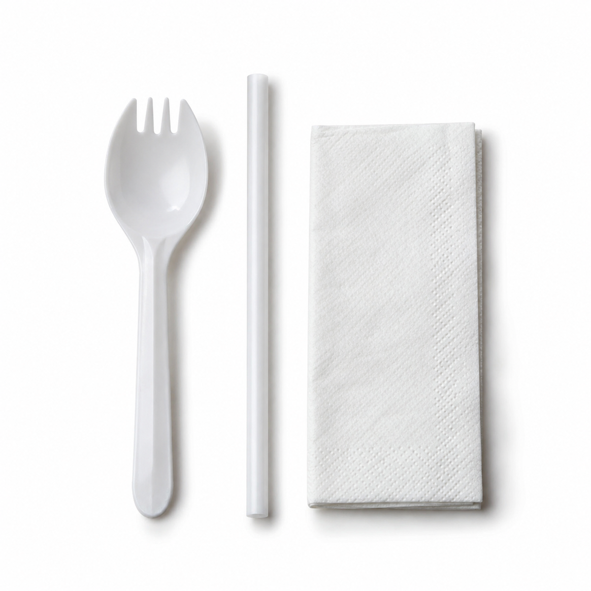 Generic representative image: White PP Spork, Straw and Napkin Kits – 8 × 10 Napkin