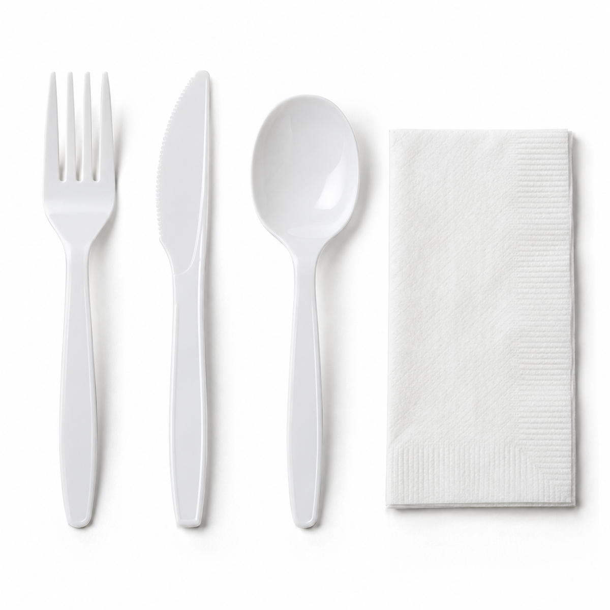Generic representative image: White PP 4-Piece Cutlery Kits (Fork, Knife, Soup Spoon and Napkin) – 8 × 10 Napkin