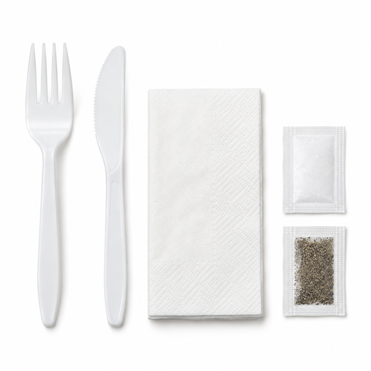 Generic representative image: White PP 5-Piece Cutlery Kits (Fork, Knife, Napkin, Salt and Pepper) – 8 × 10 Napkin