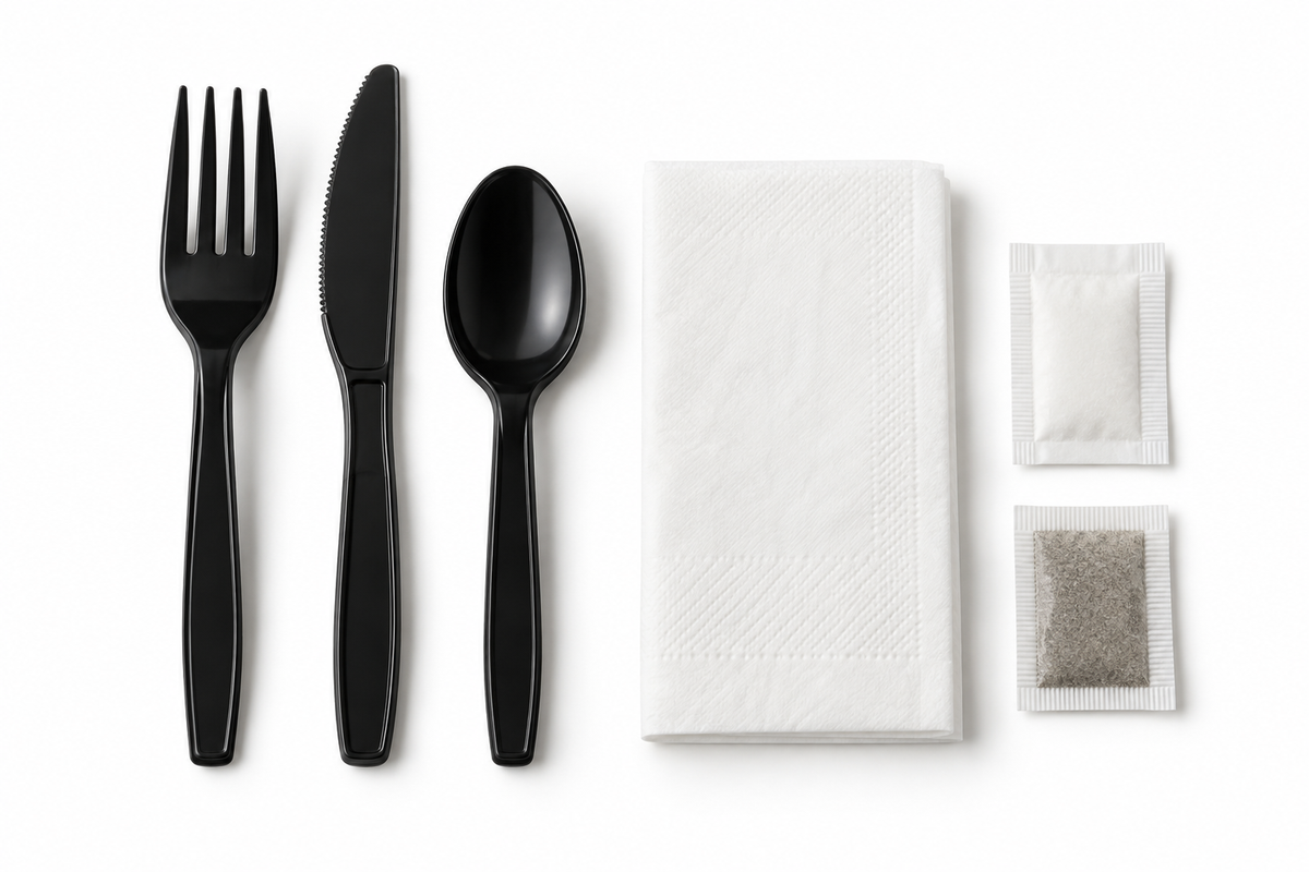 Generic representative image: Black PP 6-Piece Cutlery Kits (Fork, Knife, Teaspoon, Napkin, Salt and Pepper) – 8 × 10 Napkin