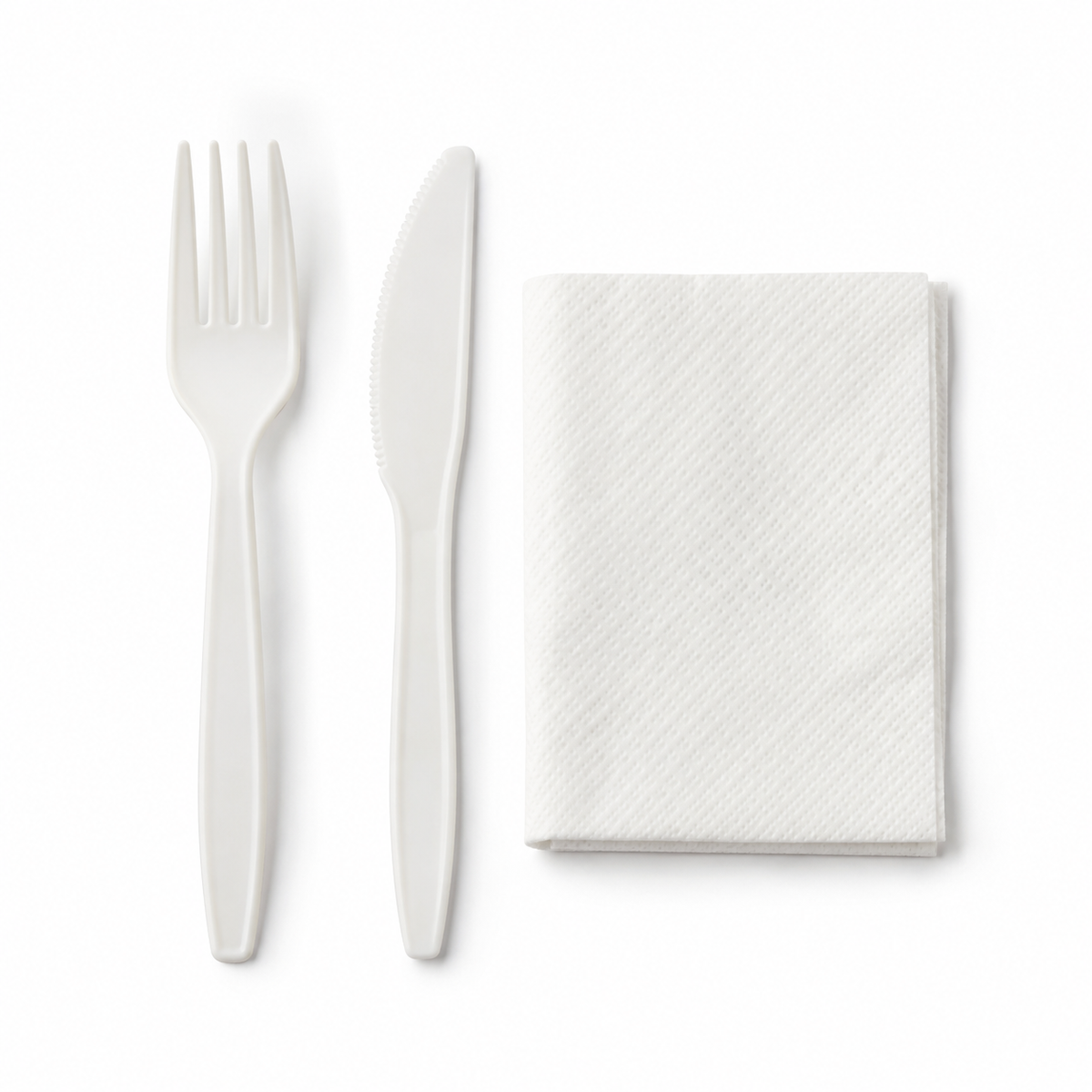 Generic representative image: White CPLA Fork, Knife and Napkin Kits – 13 × 13 Napkin