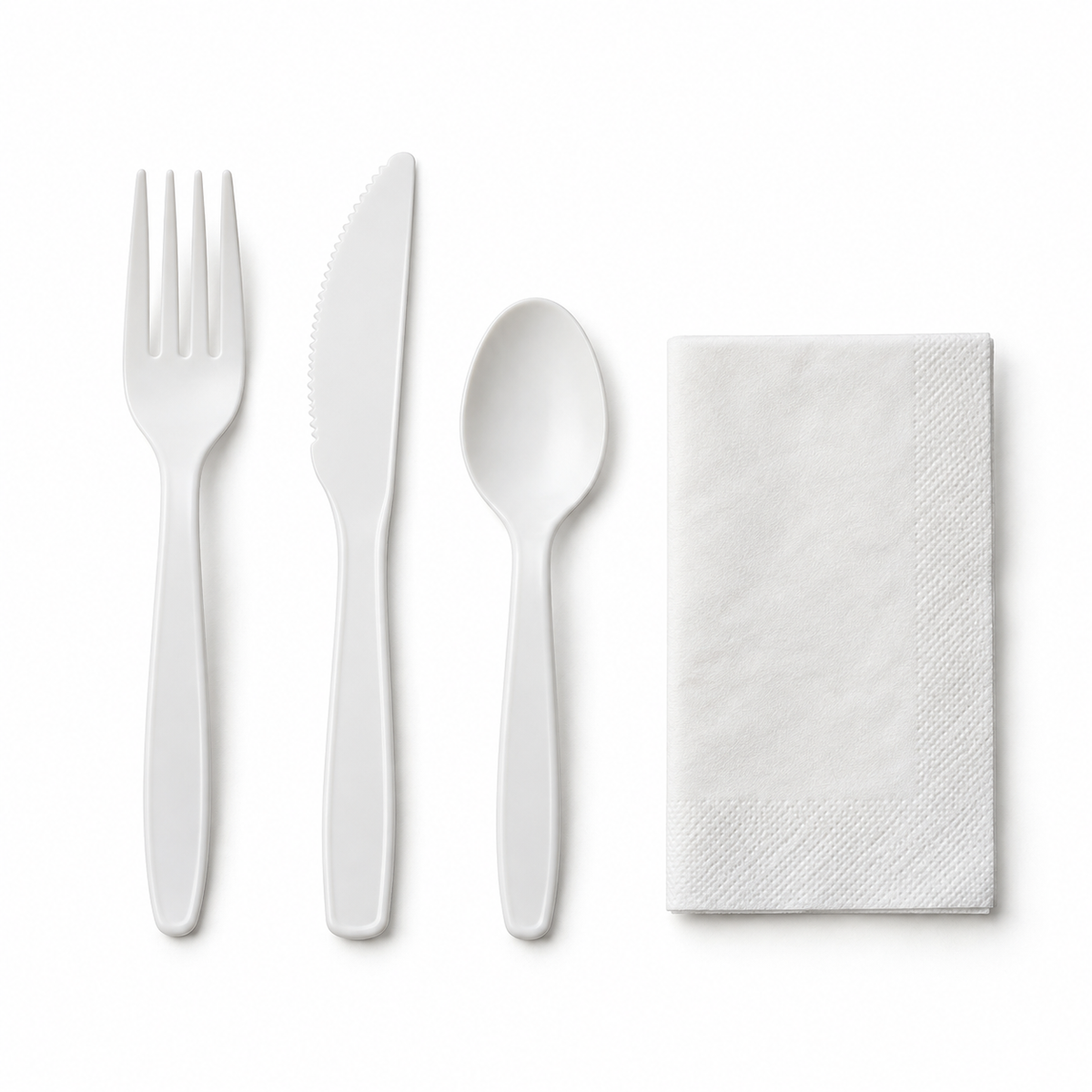 Generic representative image: White CPLA 4-Piece Cutlery Kits (Fork, Knife, Teaspoon and Napkin) – 13 × 13 Napkin