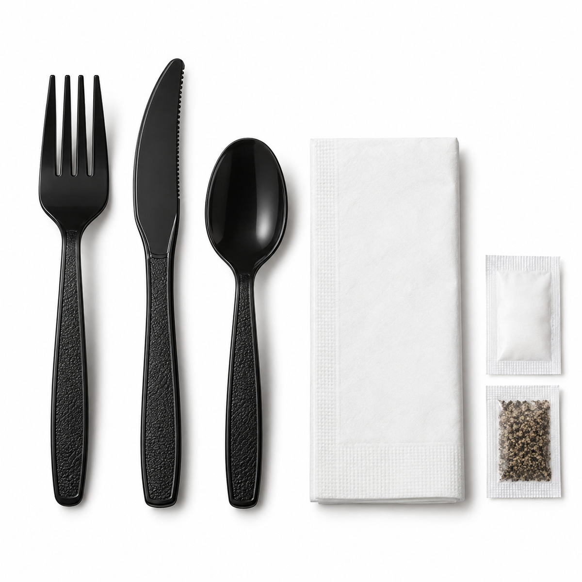 Generic representative image: Black PS 6-Piece Cutlery Kits (Fork, Knife, Teaspoon, Napkin, Salt and Pepper) – 13 × 13 Napkin