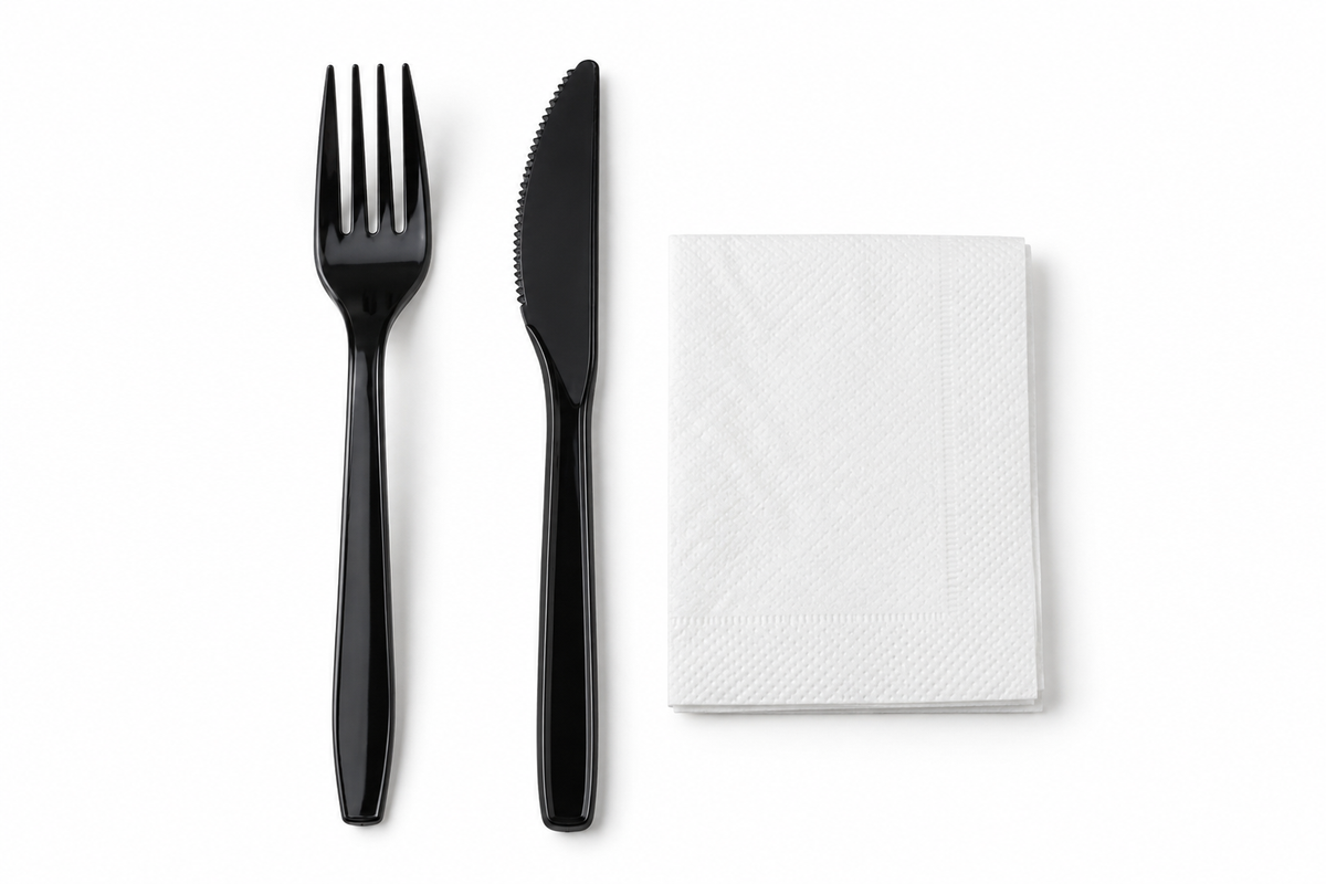 Generic representative image: Black PP Fork, Knife and Napkin Kits – 13 × 13 Napkin