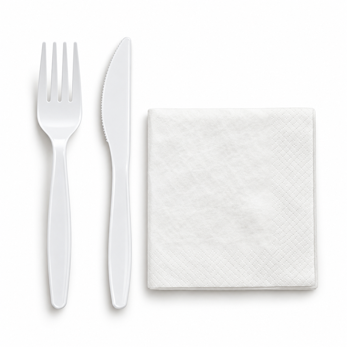 Generic representative image: White PP Fork, Knife and Napkin Kits – 13 × 13 Napkin