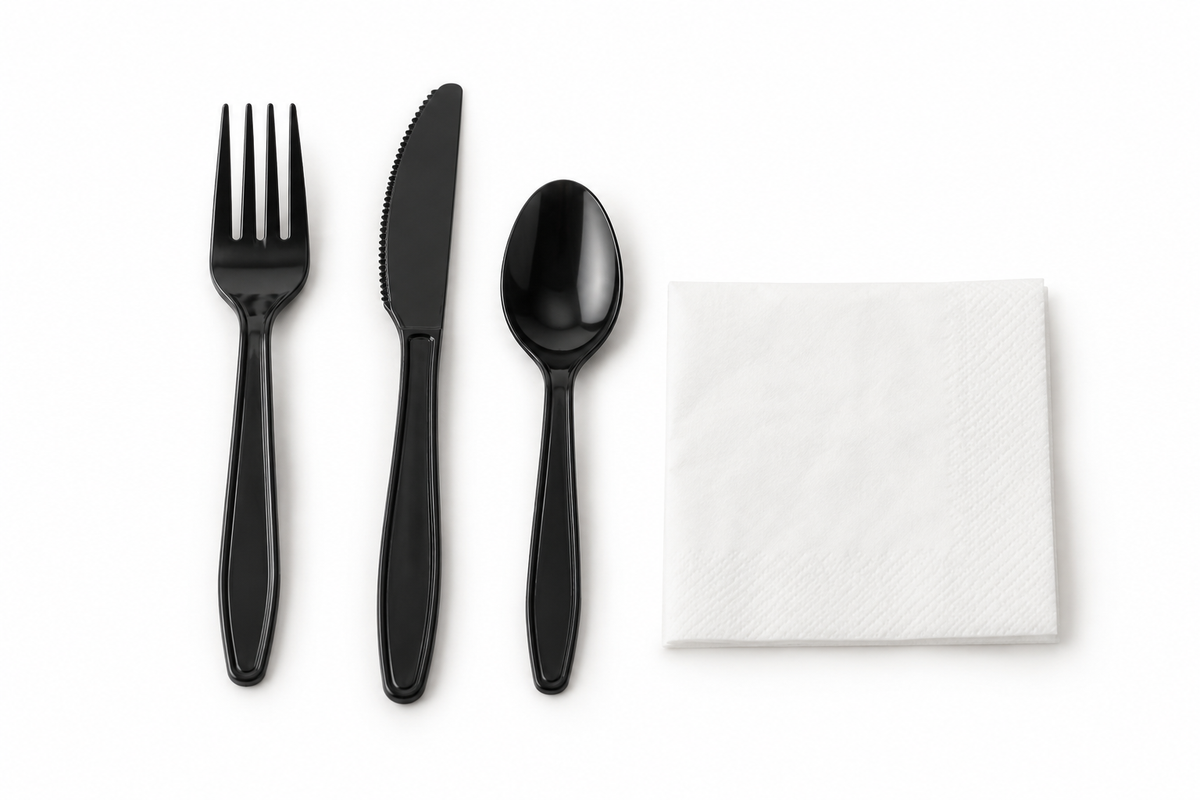 Generic representative image: Black PP 4-Piece Cutlery Kits (Fork, Knife, Teaspoon and Napkin) – 13 × 13 Napkin