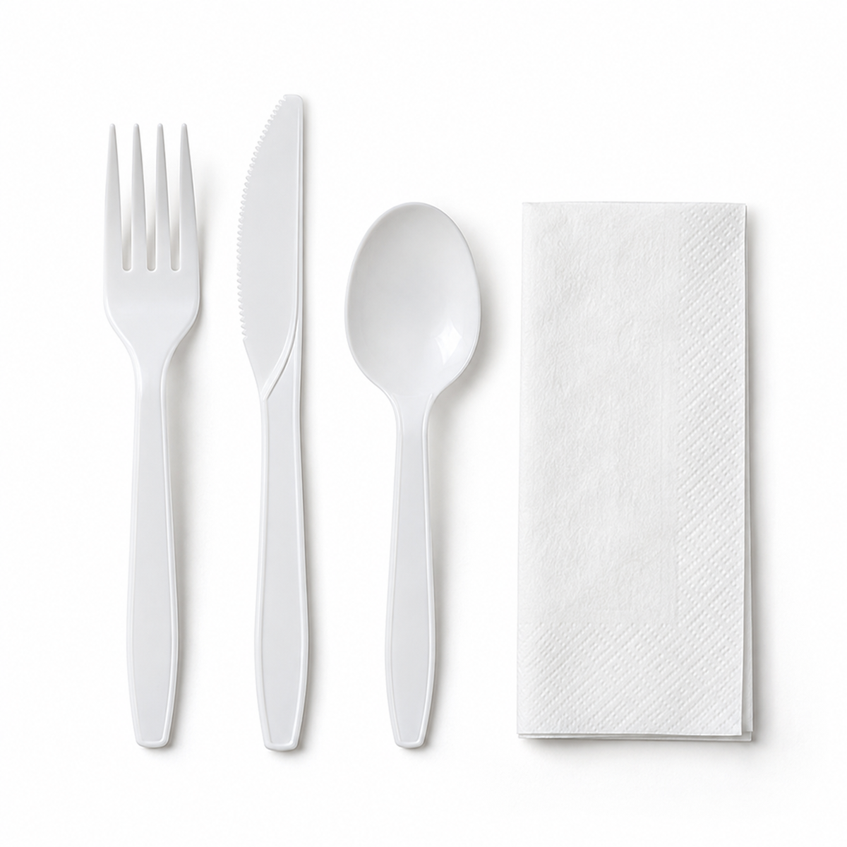 Generic representative image: White PP 4-Piece Cutlery Kits (Fork, Knife, Teaspoon and Napkin) – 13 × 13 Napkin