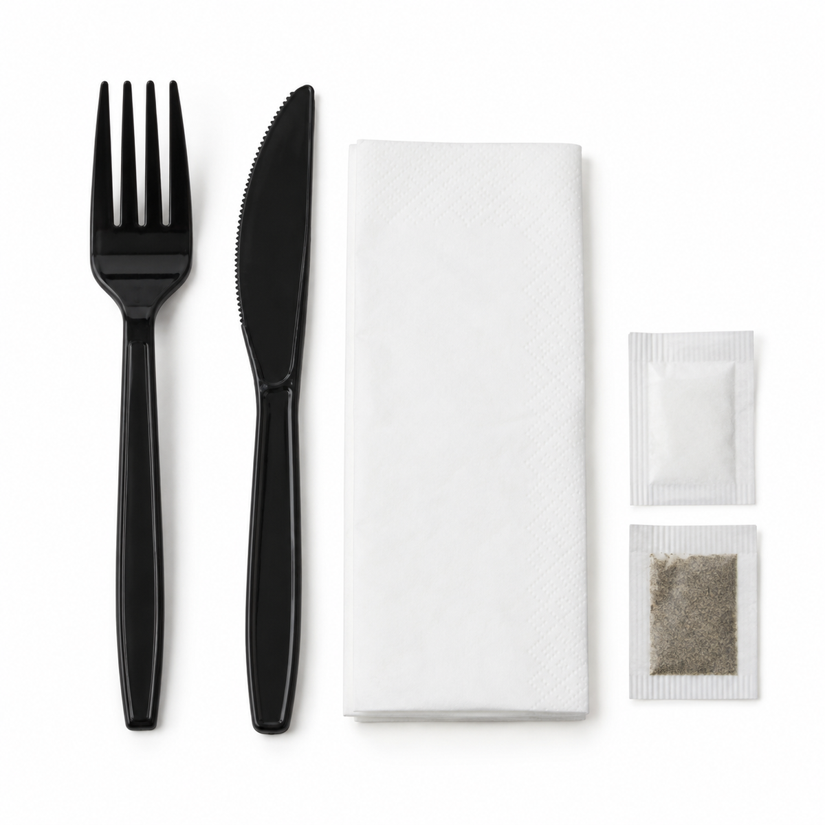 Generic representative image: Black PP 5-Piece Cutlery Kits (Fork, Knife, Napkin, Salt and Pepper) – 13 × 13 Napkin