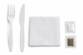 Generic representative image: White PP 5-Piece Cutlery Kits (Fork, Knife, Napkin, Salt and Pepper) – 13 × 13 Napkin