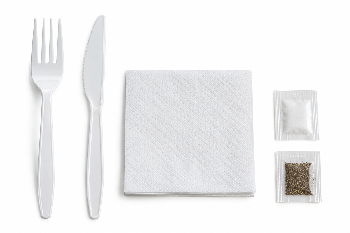 Generic representative image: White PP 5-Piece Cutlery Kits (Fork, Knife, Napkin, Salt and Pepper) – 13 × 13 Napkin