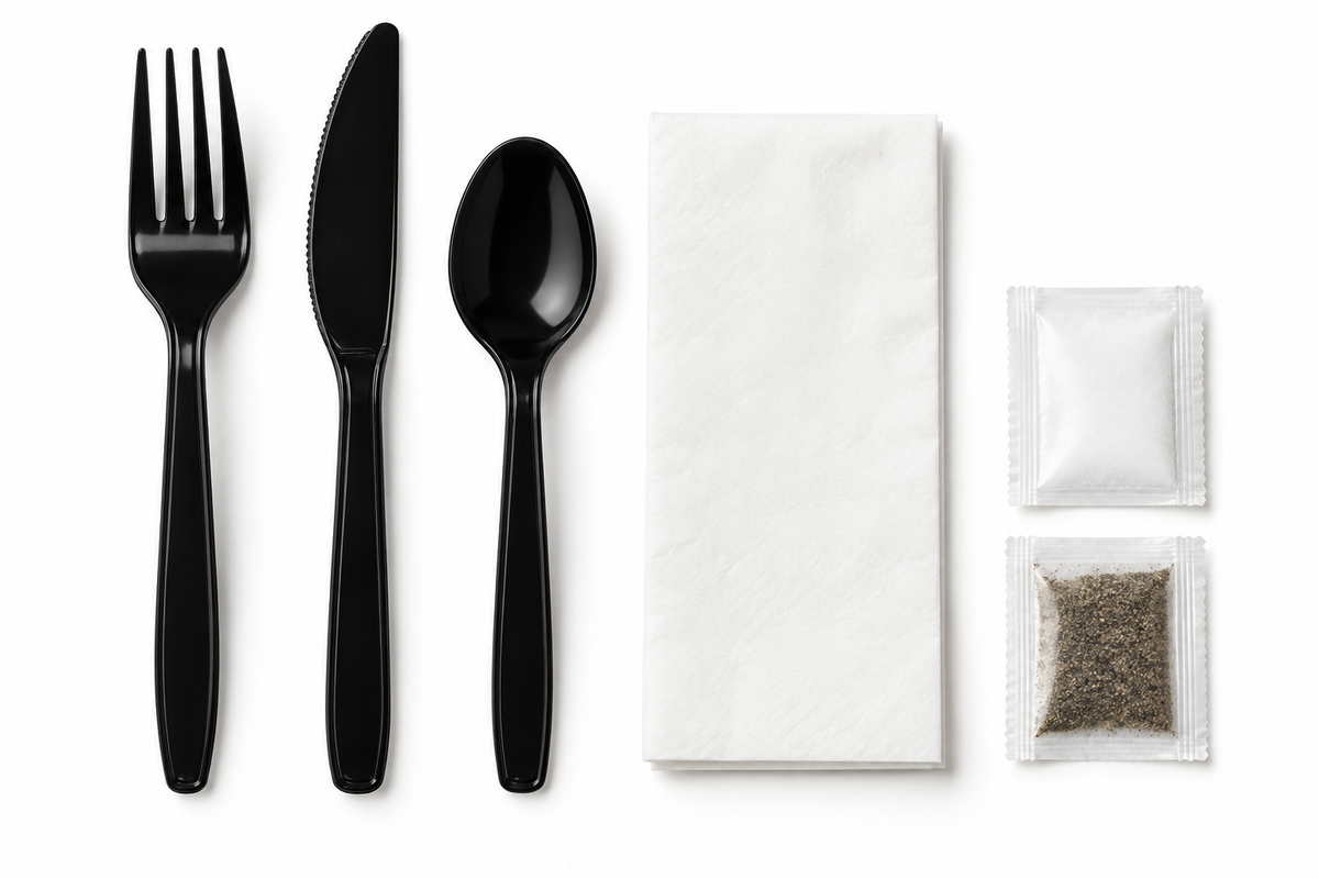 Generic representative image: Black PP 6-Piece Cutlery Kits (Fork, Knife, Teaspoon, Napkin, Salt and Pepper) – 13 × 13 Napkin
