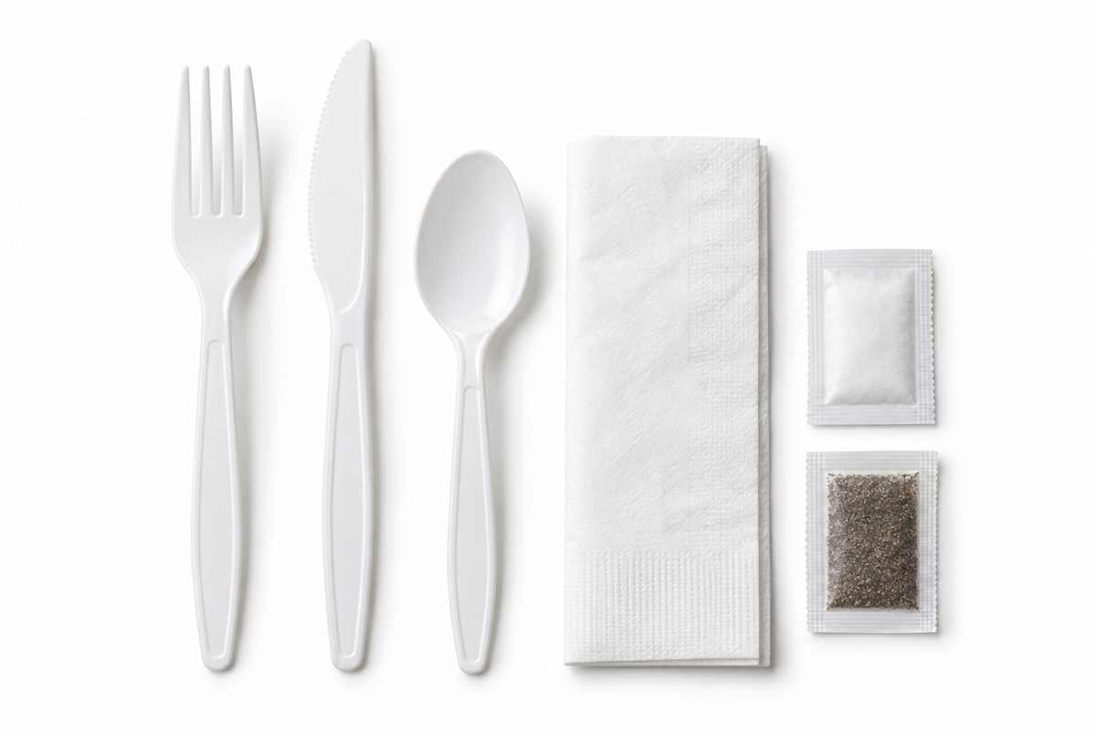 Generic representative image: White PP 6-Piece Cutlery Kits (Fork, Knife, Teaspoon, Napkin, Salt and Pepper) – 13 × 13 Napkin