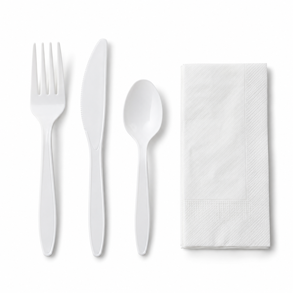 Generic representative image: White Plastic 4-Piece Cutlery Kits (Fork, Knife, Teaspoon and Napkin) – 13 × 13 Napkin
