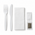 Generic representative image: White Plastic 5-Piece Cutlery Kits (Fork, Knife, Napkin, Salt and Pepper) – 13 × 13 Napkin