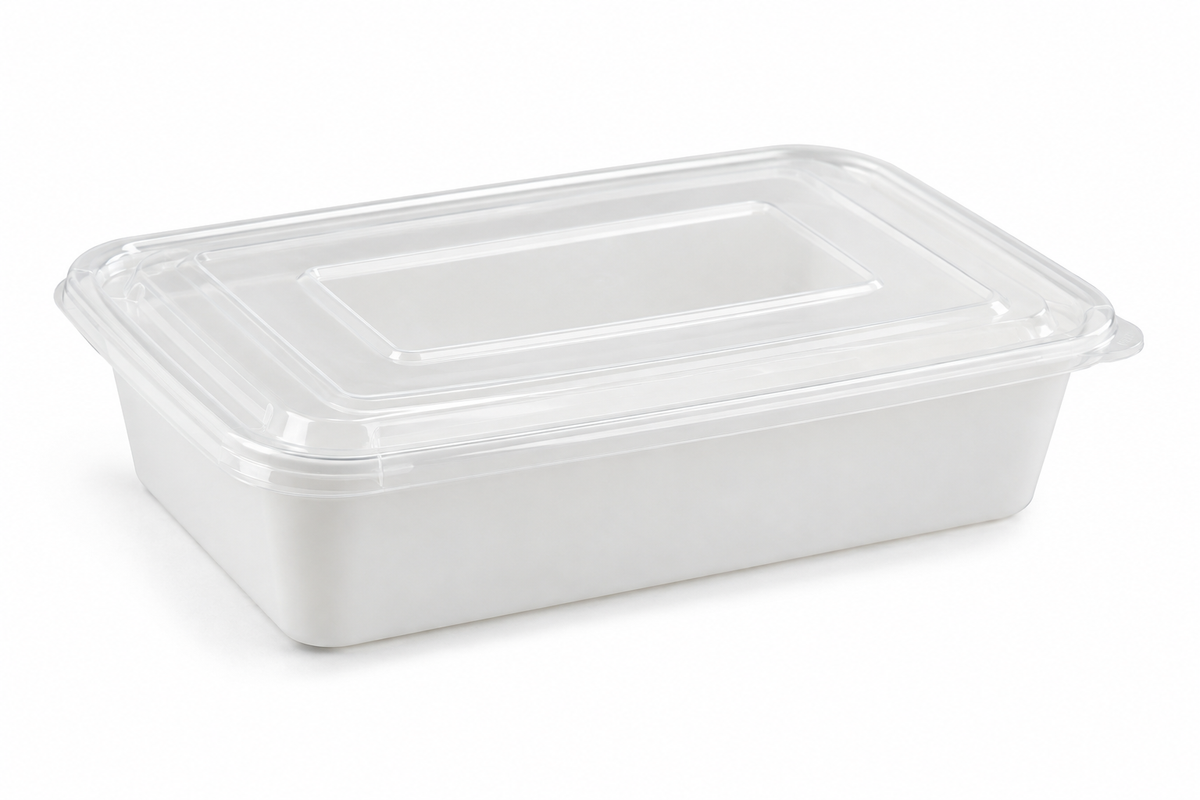 Generic representative image: White PP Rectangular Takeout Containers with Clear Lids – 28 oz