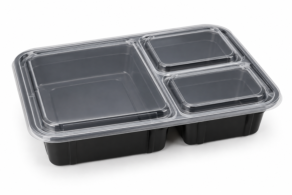Generic representative image: Black PP 3-Compartment Rectangular Takeout Containers with Clear Lids
