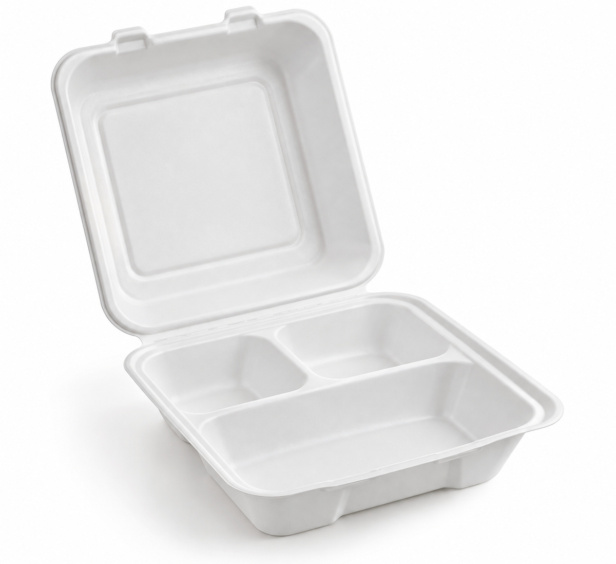 Generic representative image: White MFPP 3-Compartment Hinged Takeout Containers – 7 × 7 × 3 in
