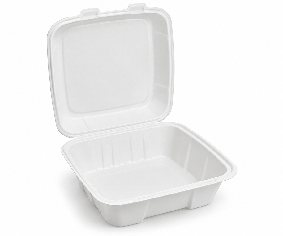 Generic representative image: White MFPP Hinged Takeout Containers – 8 × 8 × 3 in