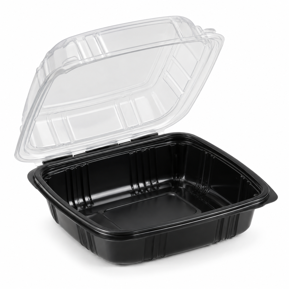 Generic representative image: Black PP 1-Compartment Hinged Containers with Clear Lids – 6 × 6 × 3 in
