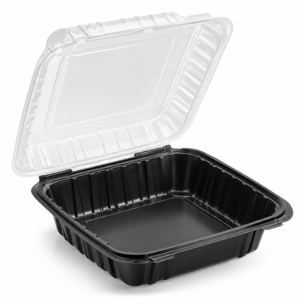 Generic representative image: Black PP Hinged Containers with Clear Lids – 8 × 8 in