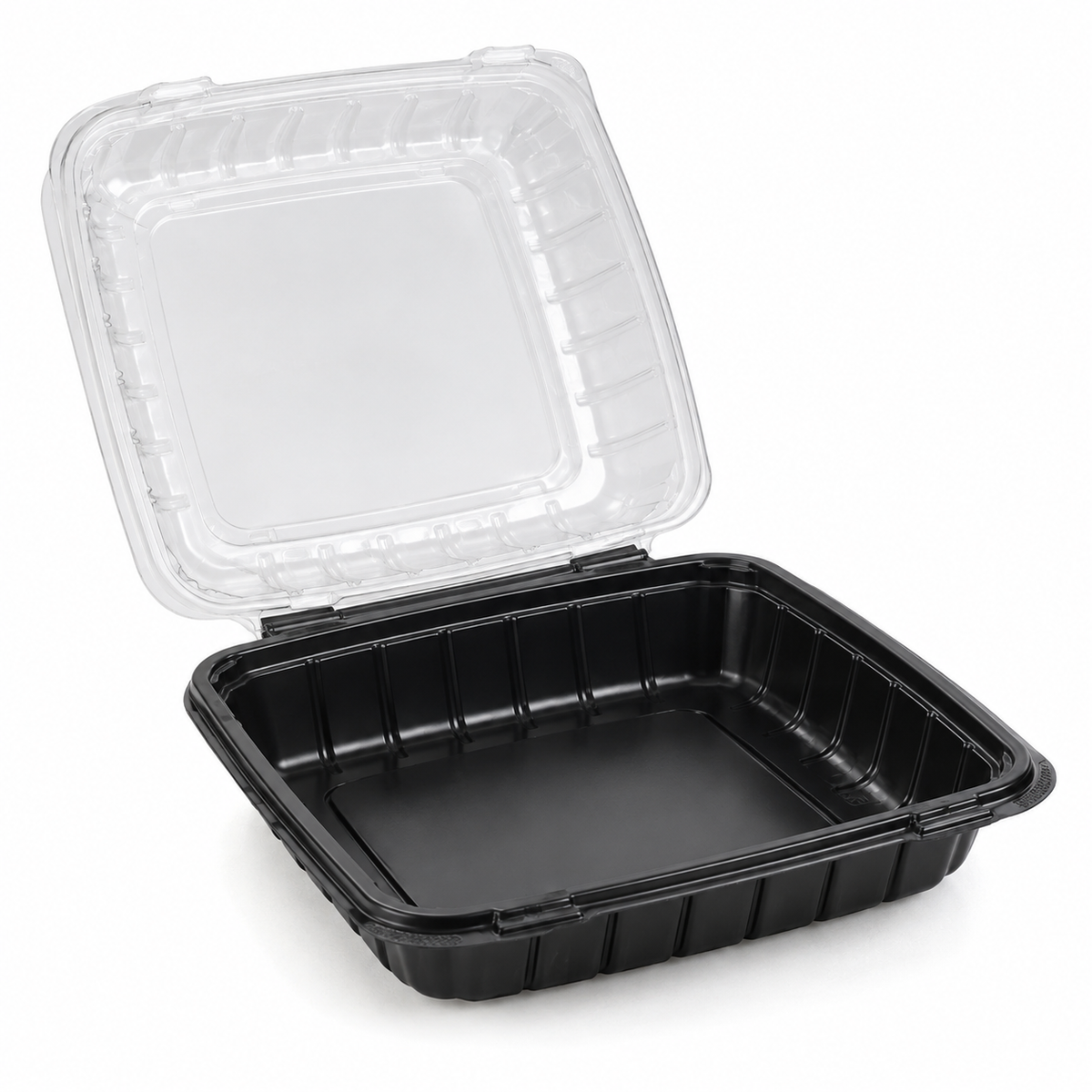 Generic representative image: Black PP Hinged Containers with Clear Lids – 10 × 10 in