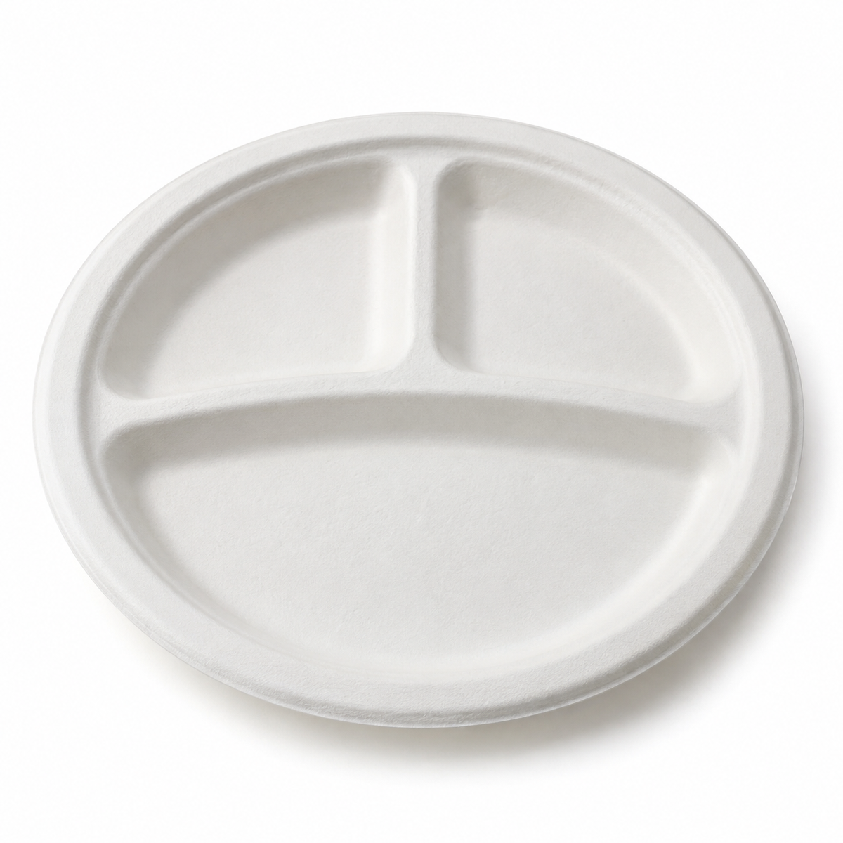 Generic representative image: White Bagasse 3-Compartment Round Plates – 9 in