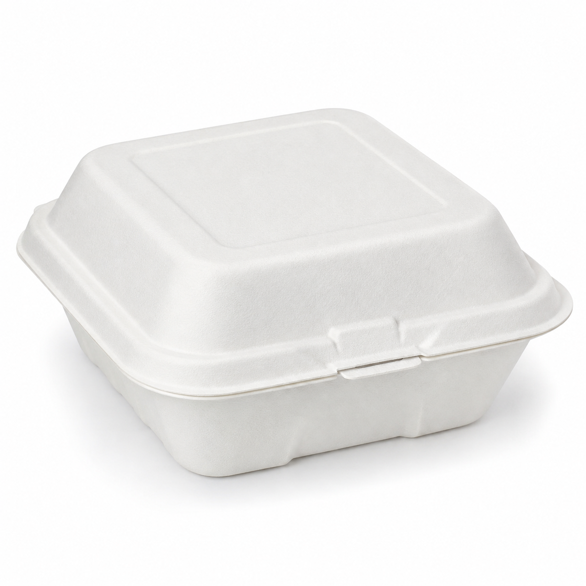 Generic representative image: White Bagasse Hinged Takeout Containers – 6 × 6 in