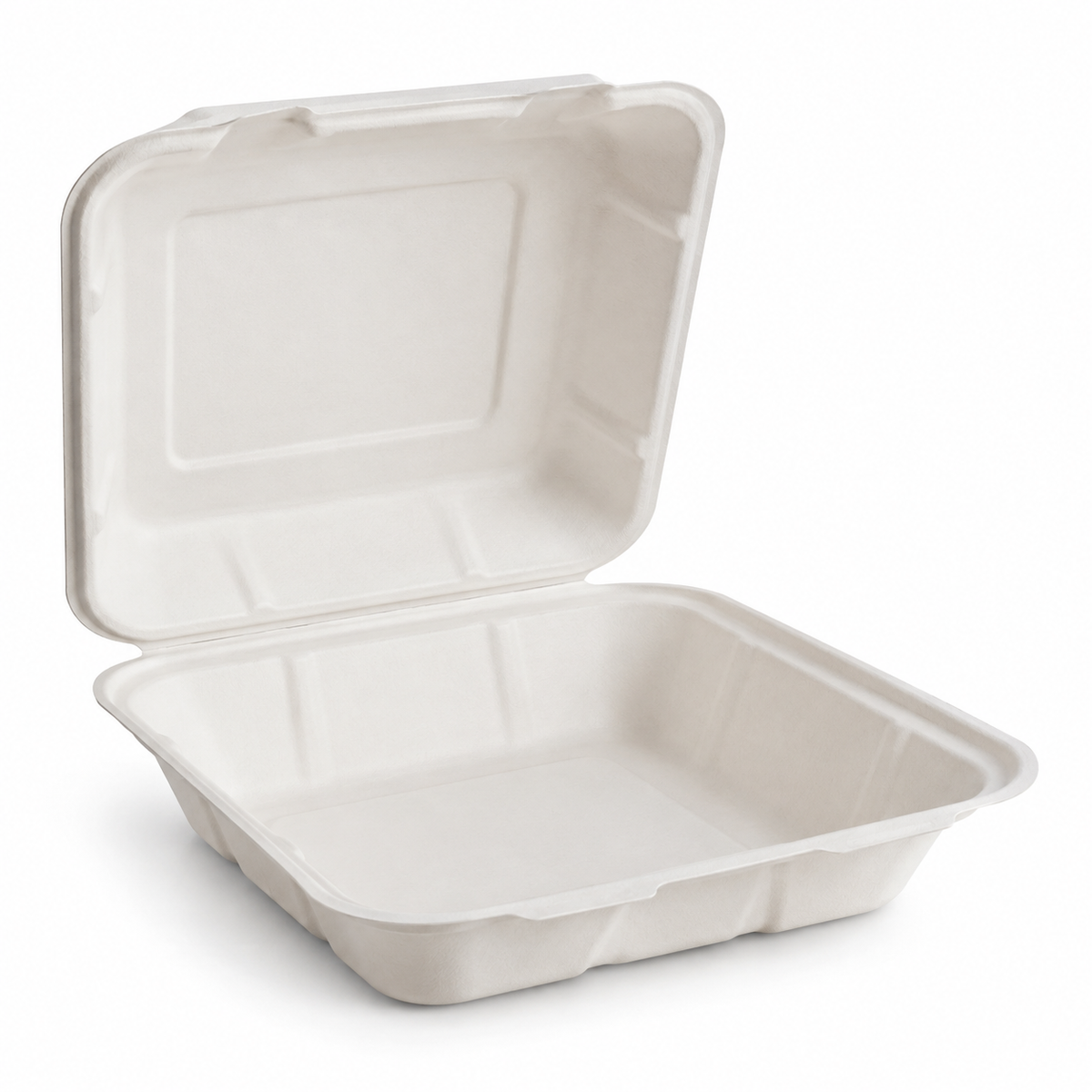 Generic representative image: White Bagasse Hinged Takeout Containers – 8 × 8 in