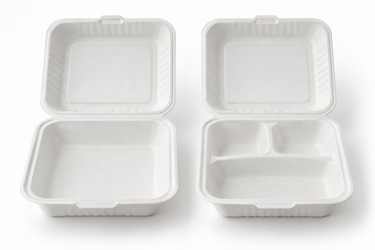 Generic representative image: White Bagasse Hinged Takeout Containers – 9 × 9 in