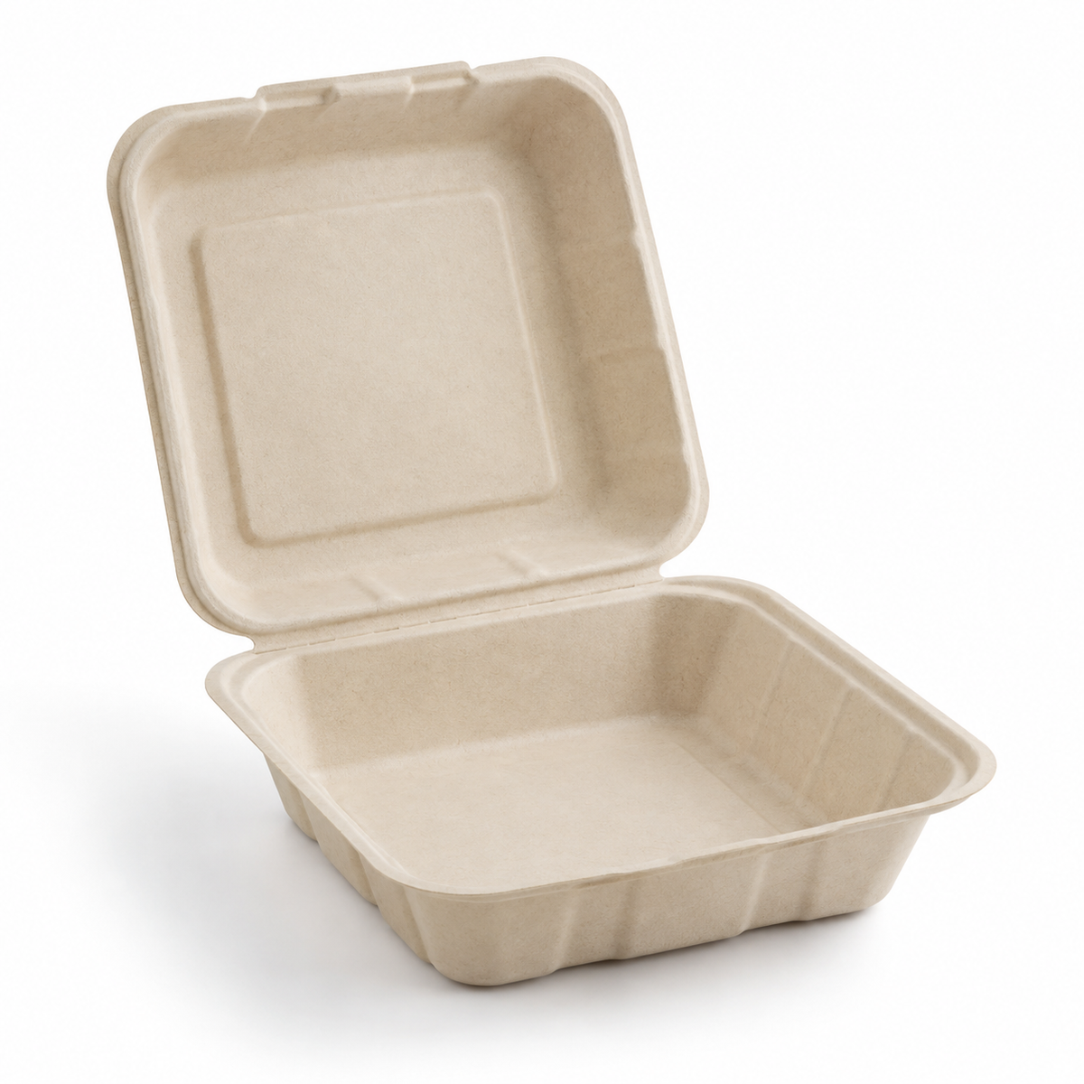 Generic representative image: Natural Bagasse Hinged Takeout Containers – 8 × 8 in