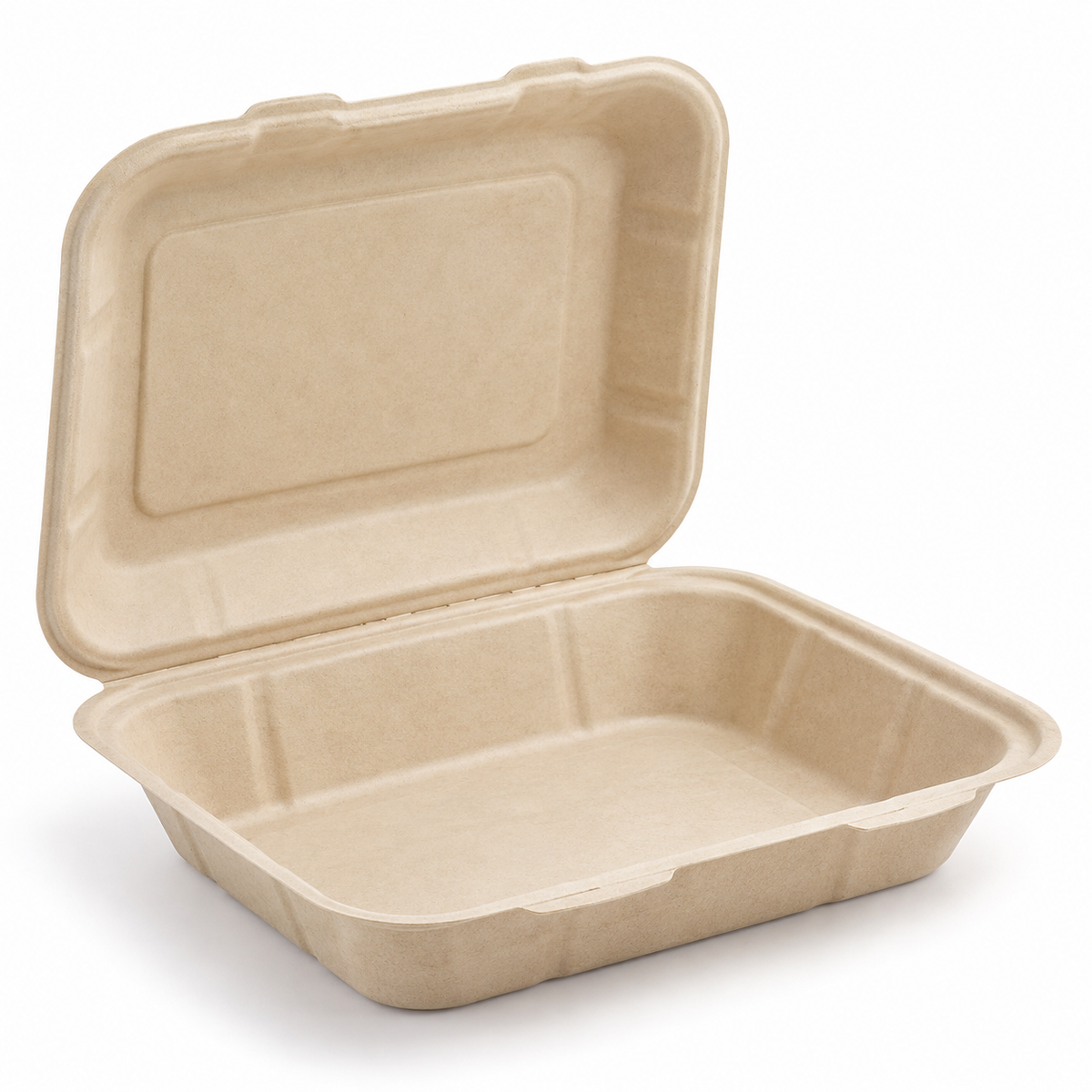 Generic representative image: Natural Bagasse Hinged Takeout Containers – 9 × 9 in