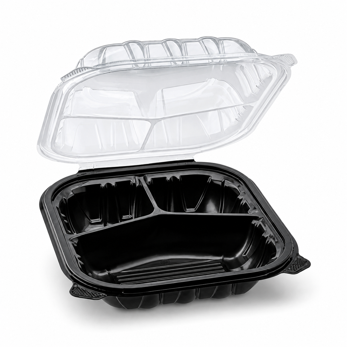 8x8 3-Compartment Black Hinged Container With Clear Dome Lid – 200 CS